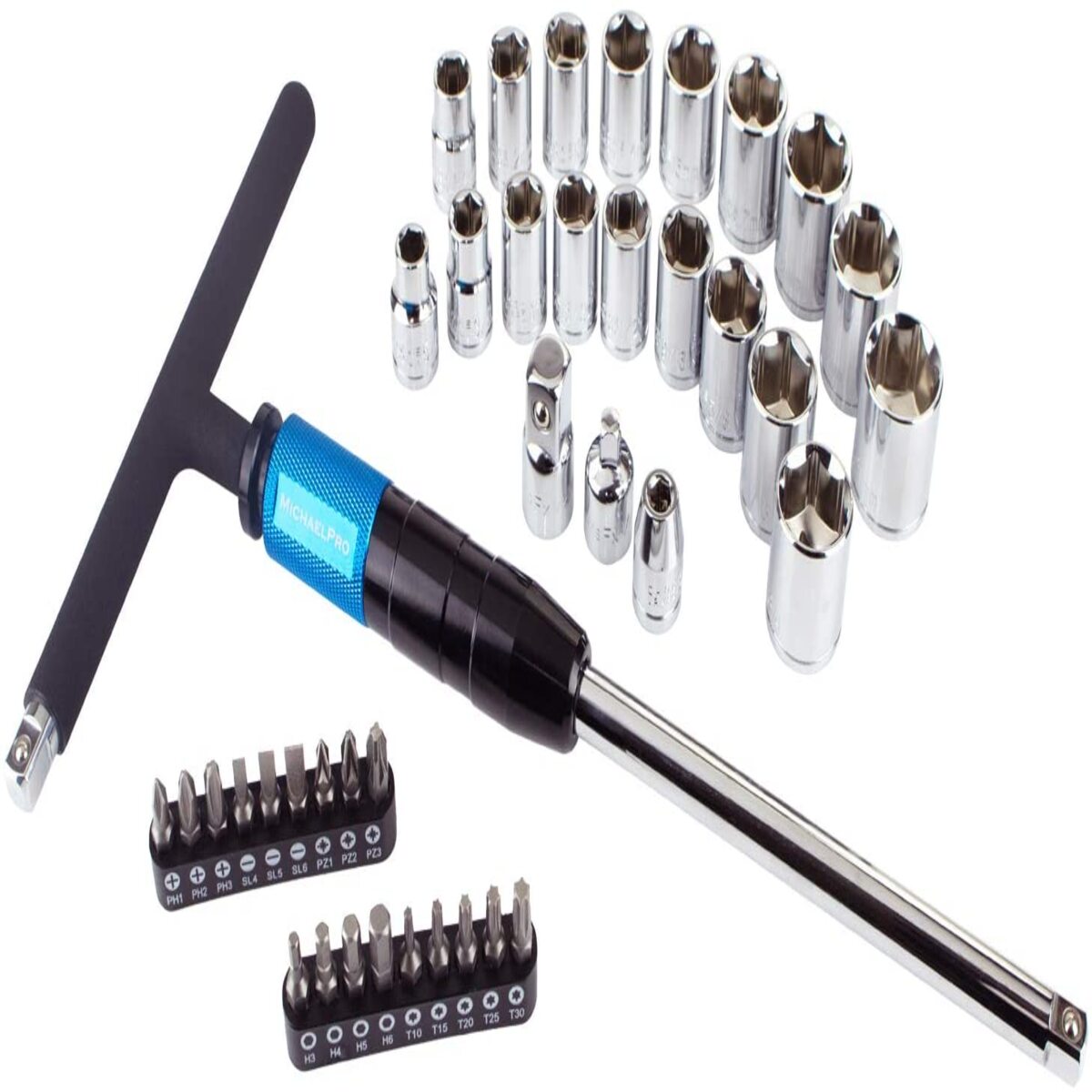 MichaelPro 3/8 Inch Drive 2-Way Quick Swivel T-Handle Wrench and Socket Set, 40-Piece Tool Set with Sockets and Bits Included