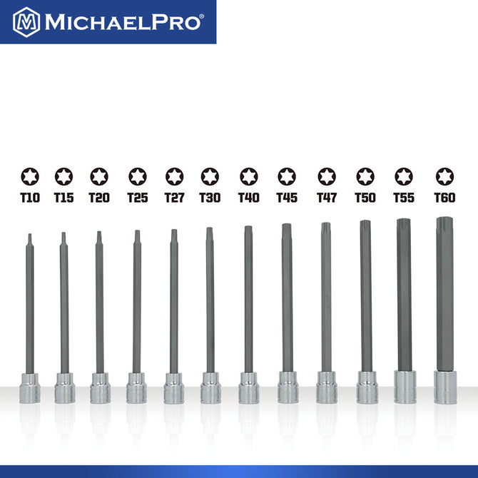 MichaelPro Torx Bit Socket Set, 12-Piece 3/8 Inch Drive Extra Long Torx Bit Set with Storage Case (T10 to T60)