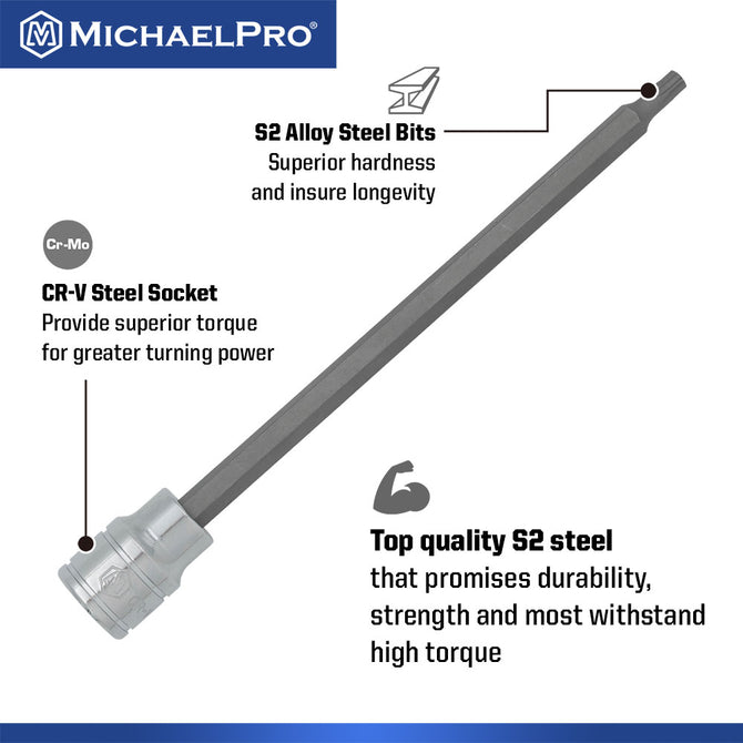 MichaelPro Torx Bit Socket Set, 12-Piece 3/8 Inch Drive Extra Long Torx Bit Set with Storage Case (T10 to T60)