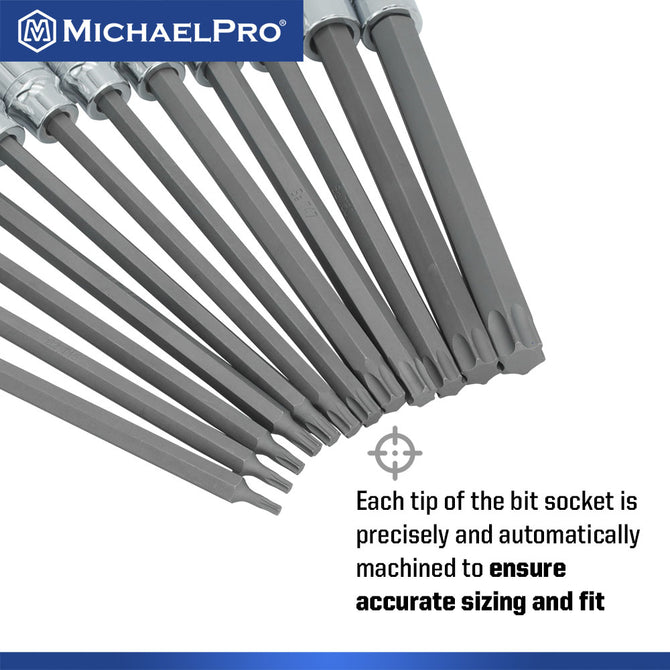 MichaelPro Torx Bit Socket Set, 12-Piece 3/8 Inch Drive Extra Long Torx Bit Set with Storage Case (T10 to T60)