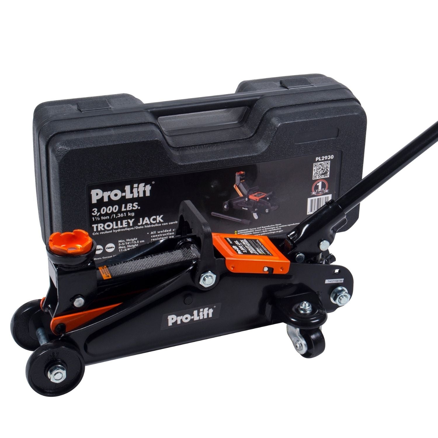 Pro-Lift 1.5 Ton Hydraulic Trolley Jack With Carrying Handle and Blow Molded Case For Easy Portability and Storage, Heavy Duty Car Lift For Auto Repair - 3000 lb Capacity, Black/Orange